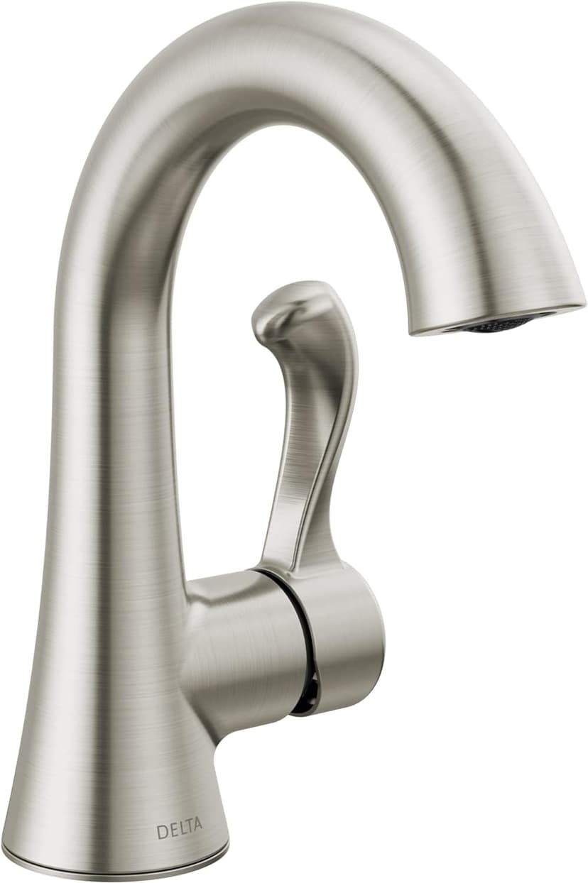 Delta Esato Brushed Nickel Bathroom Faucet 1 Hole, Single Hole Bathroom Sink Faucet for Vanity, Push-Pop Drain Assembly, SpotShield Brushed Nickel 15897LF-SP