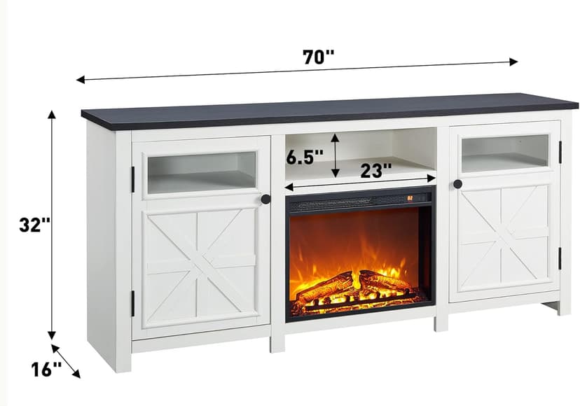JXQTLINGMU Fireplace TV Stand for 80 Inch TV, Farmhouse Highboy Entertainment Center w/23'' Electric Fireplace & Cross Barn Door, Large TV Console for TVs Up to 80", 70 inches, White