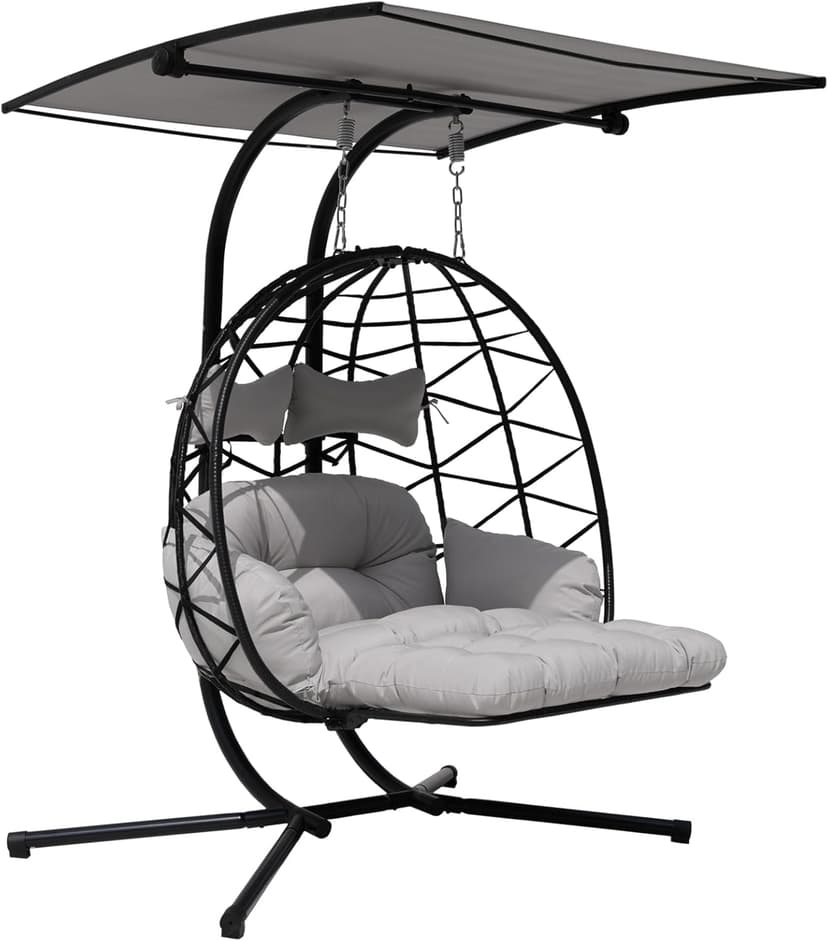 Double Egg Chair Outdoor with Stand & Adjustable and Removable Canopy, Foldable Leg Rest, Leg Support Bracket Tube Thickened Treatment, 600lbs Capacity for Bedroom, Balcony, Garden (HQH)