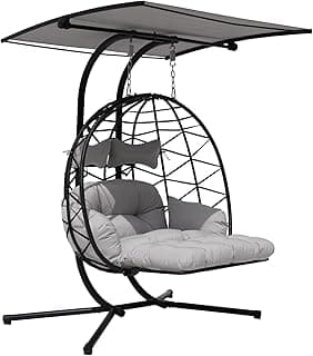 Double Egg Chair Outdoor with Stand & Adjustable and Removable Canopy, Foldable Leg Rest, Leg Support Bracket Tube Thickened Treatment, 600lbs Capacity for Bedroom, Balcony, Garden (HQH)