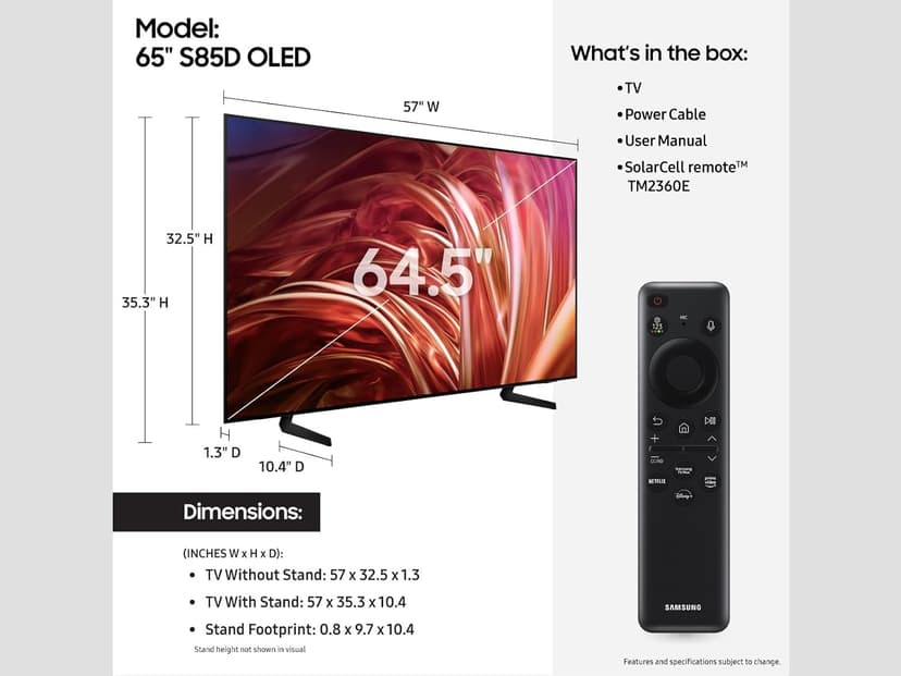 Samsung 65-Inch Class OLED 4K S85D Series HDR Smart TV w/Dolby Atmos, Object Tracking Sound Lite, Contour Design, Motion Xcelerator, Real Depth Enhancer, Alexa Built-in (QN65S85D, 2024 Model)