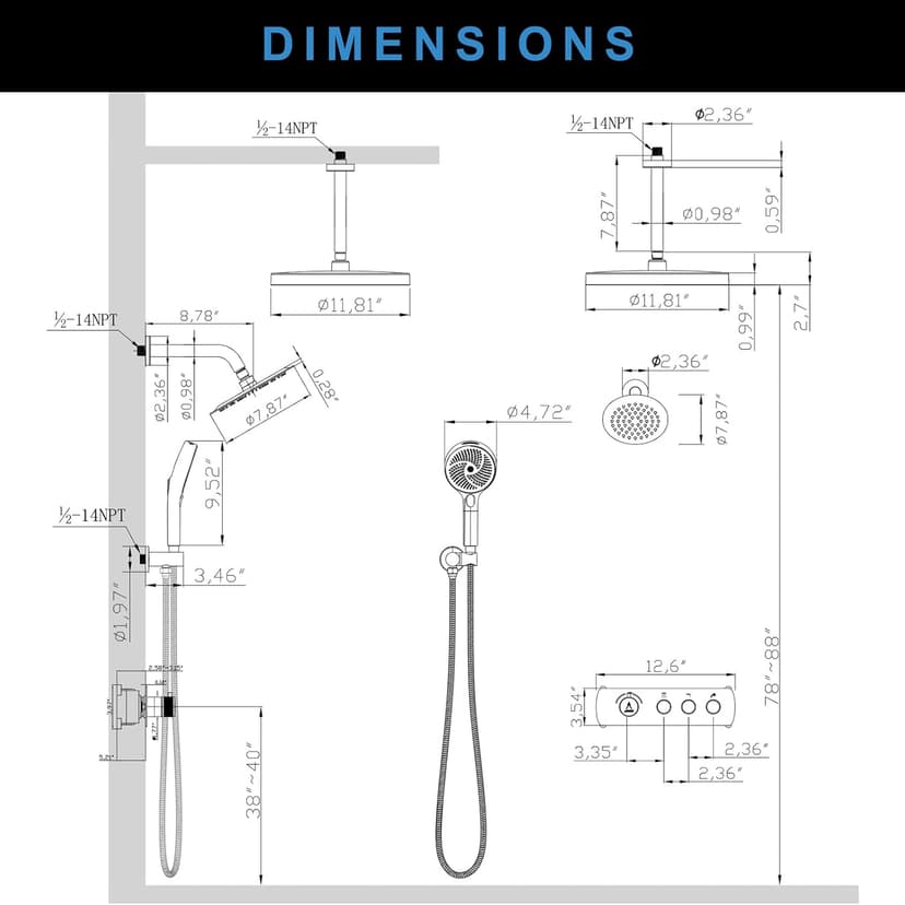 Shower System Brass Thermostatic Shower Faucet Set With Valve and Diverter Shower Mixer with 2 Rain Shower Head and Multi-function Handheld Head（Brushed Nickel）
