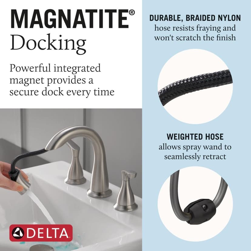Delta Faucet Broadmoor Pull Down Bathroom Faucet Brushed Nickel, Bathroom Faucet, Widespread Bathroom Faucet 3 Hole with Magnetic Docking, Bathroom Sink Faucet, SpotShield Stainless 35765LF-SPPD