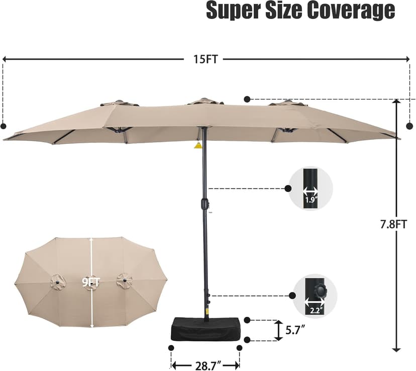 15ft Patio Umbrella with Base Included, Double Sided Outdoor Large Rectangular Patio Umbrella with Crank Handle, for Lawn Garden, Khaki