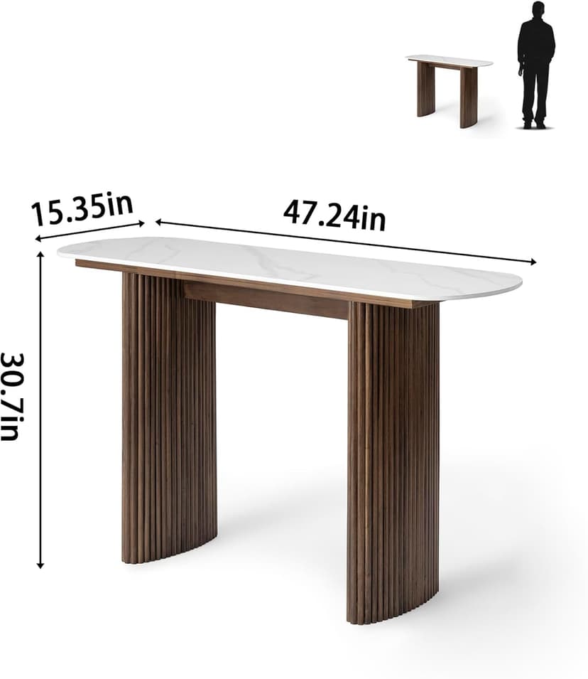 47.24" Walnut Console Table with Sintered Stone Top, Fluted Solid Wood Base Sofa Table, Mid Century Modern Entryway Table for Hallway, Behind The Couch, Living Room, Foyer, Easy Assembly