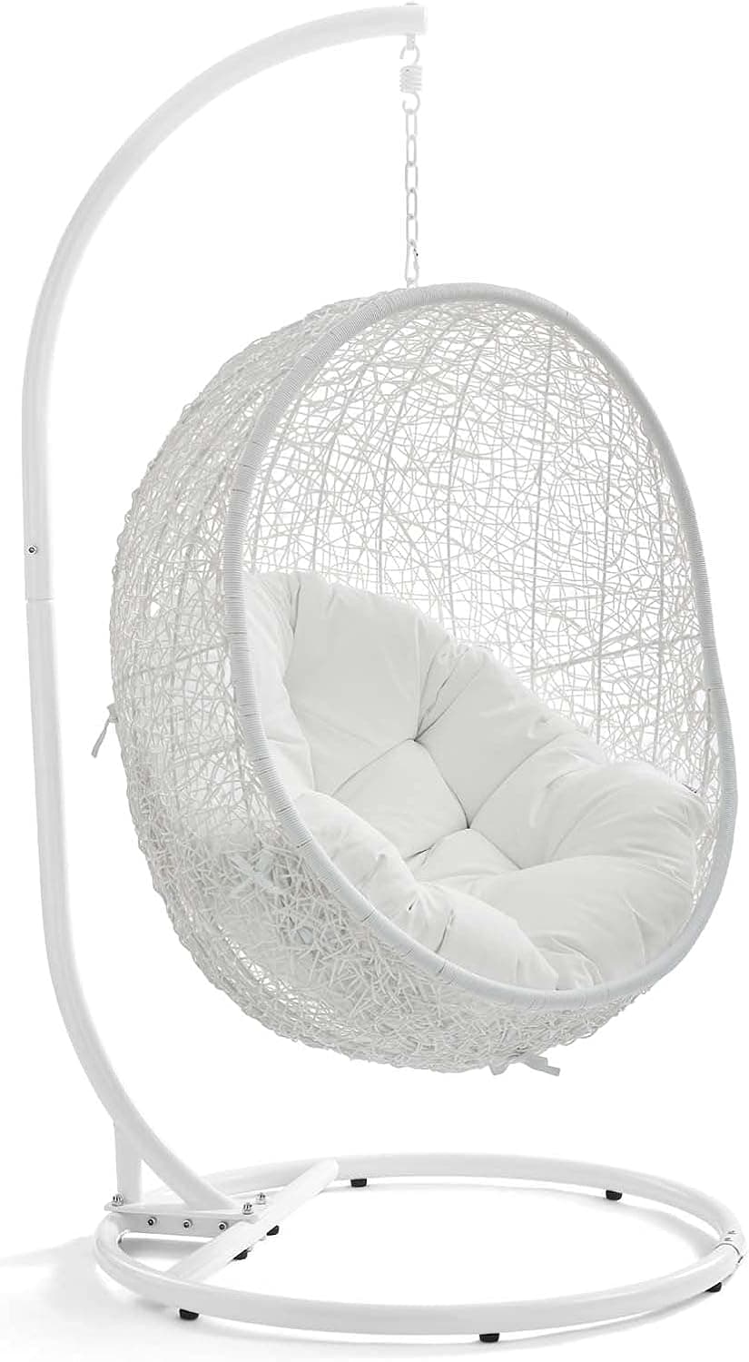 Modway Hide Wicker Rattan Outdoor Patio Porch Lounge Egg Swing Chair Set with Stand in White