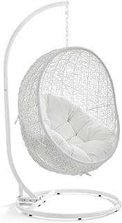 Modway Hide Wicker Rattan Outdoor Patio Porch Lounge Egg Swing Chair Set with Stand in White