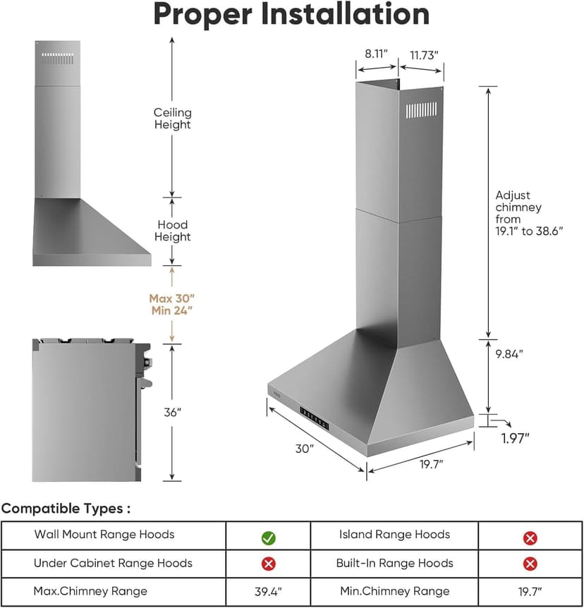 Wall Mount 30 Inch Range Hood 900 CFM, Ductless/Ducted Convertible Kitchen Hood, 3-speed Gesture Sensing & Touch Control, Stainless Steel Kitchen Vent Hood with Permanent Baffle Filters