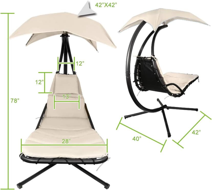 Patio Hanging Chaise Outdoor Lounger Padded Cushion Swing Hammock Chair w/Sun Shade Canopy Umbrella Stand [Beige]