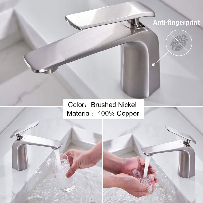 TOCALOCA 1 Handle Bathroom Faucet Brushed Nickel Sink Faucet, One Hole Bathroom Sink Faucet Modern Basin Mixer Taps, Premium Brass Vanity Faucet with Water Supply Hose