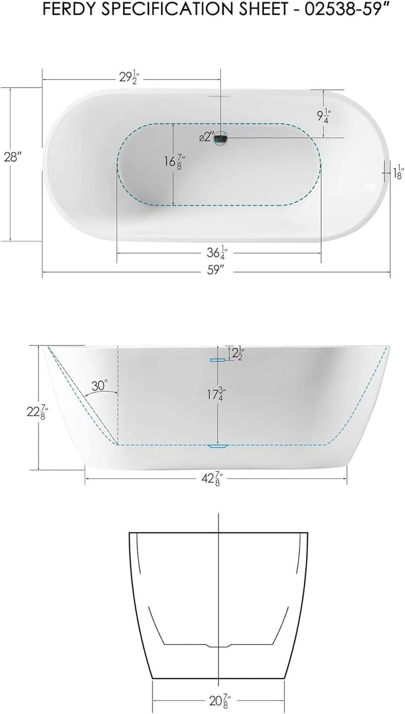 FerdY Bali 59" Acrylic Freestanding Bathtub, Gracefully Shaped Freestanding Soaking Bathtub, Toe-Tap Chrome Drain and Classic Slotted Overflow Included, Glossy White, cUPC Certified