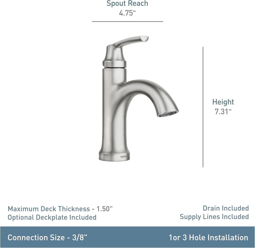 Moen 84980SRN Wellton Single-Handle Bathroom Faucet, One Hole Bathroom Sink Faucet with Optional Deck Plate and Drain Assembly, Spot Resist Brushed Nickel
