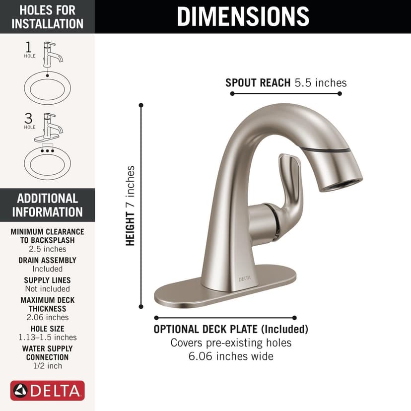 Delta Arvo 1 Hole Pull Down Bathroom Faucet with Sprayer, Brushed Nickel Single Hole Bathroom Sink Faucet with Pull Out Sprayer for Vanity, Push-Pop Drain, SpotShield Stainless 15840LF-SPPD