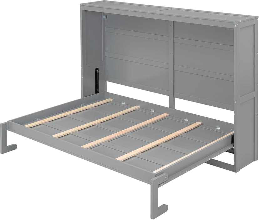 Merax Modern Farmhouse Solid Wood Murphy Cabinet Bed, No Box Spring Needed/Easy Assemble/Queen,Gray