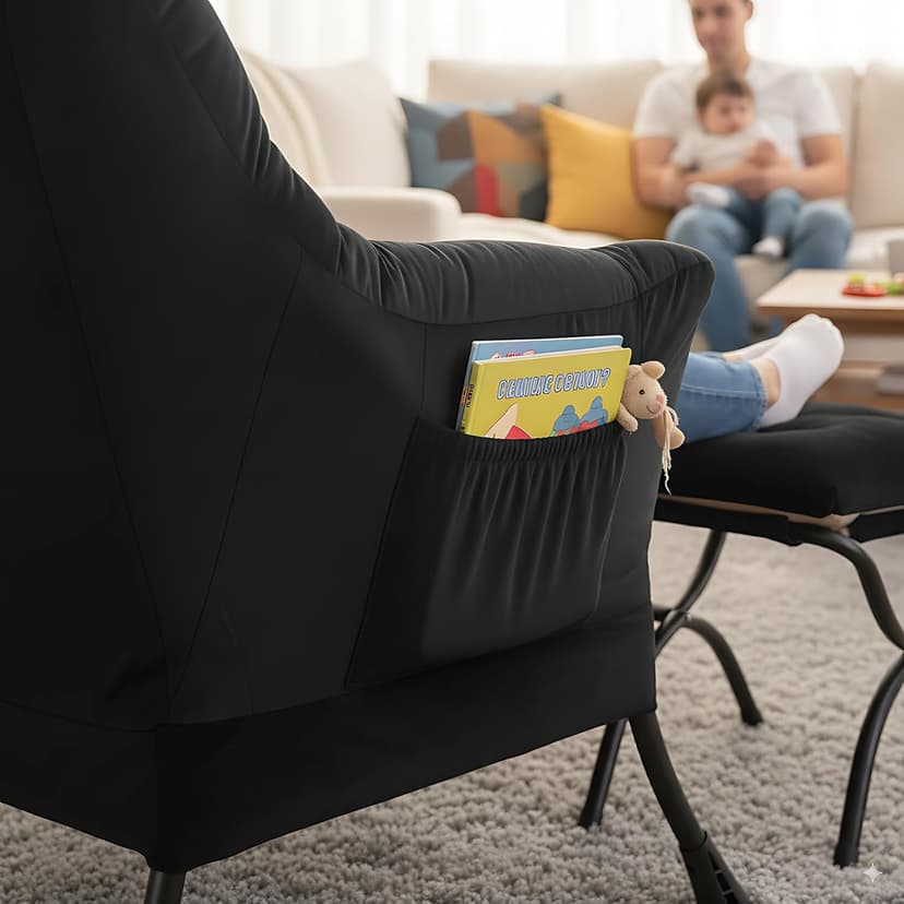 Lazy Chair and Ottoman, Large Accent Lounge Chair with Armrests and a Side Pocket, Modern Leisure Upholstered Sofa Reading Armchair with Footrest for Bedroom, Living Room, Dorm Rooms, Office