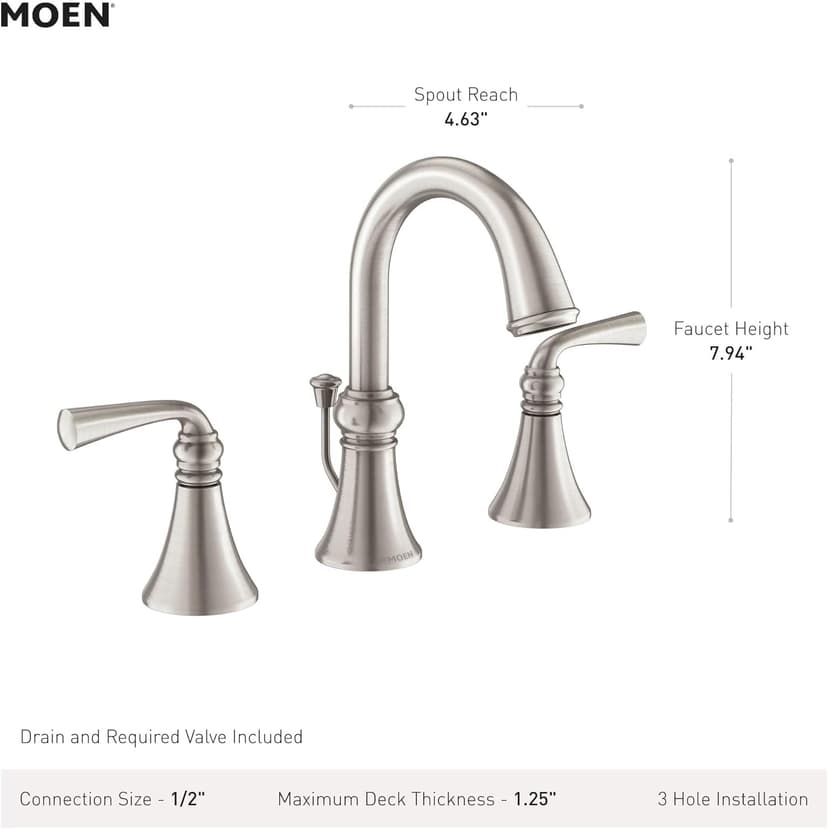 Moen Wetherly Spot Resist Brushed Nickel Two-Handle Widespread Bathroom Faucet with Valve Included, Bathroom Faucets for Sink 3-hole Deck Mounted Setup, WS84855SRN
