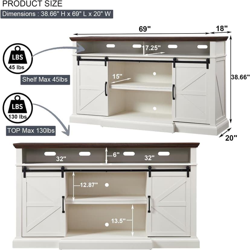 Farmhouse TV Stand for 80 Inch TVs, 38" Tall Entertainment Center w/Storage Cabinets and Sliding Barn Door, Media Console Cabinet w/Soundbar & Adjustable Shelves for Living Room, 69inch (White)