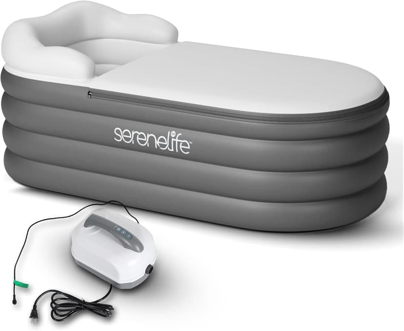 SereneLife Spa Bathtub with Bubble Massage Mat – Inflatable Bathtub with Pillow, Cup Holder, Remote Control for LED Lighting, Backrest and Armrests, Supporting Up To 190 lbs. 66" x 30" x 26"