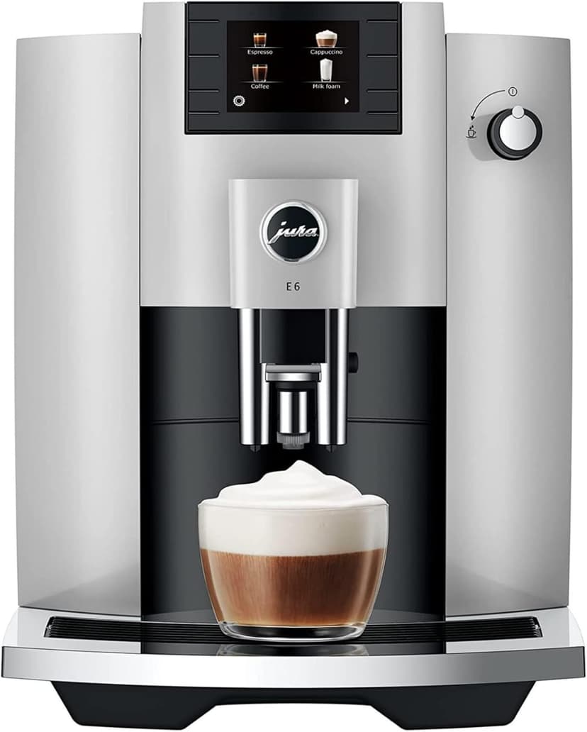 Jura E6 Automatic, Affordable Espresso Machine with Programmable Coffee Strength (Platinum) Bundle with Smart Filter Cartridge, Cleaning Tablets, Coffee Beans Bag, and Glass Milk Container (5 Items)