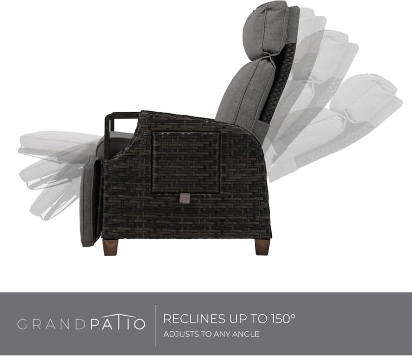Grand patio Outdoor Recliner with Independent Adjustable Back and Footrest, Air Pump 150° Lay Flat Reclining Chair Removable Olefin Cushion Flip-Up Table Wicker Grey 1PC