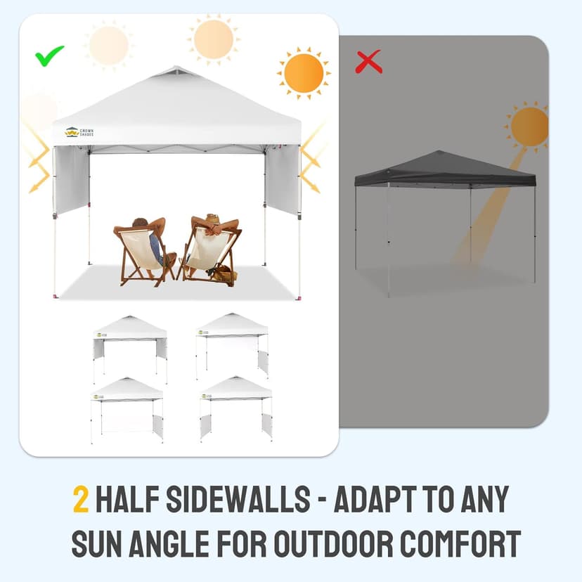 CROWN SHADES 10x10 Pop up Canopy Tent Instant Canopy with 150D Silver Coated Fabric Including 2 Half Sidewalls, 4 Ropes, 8 Stakes, 4 Weight Bags, STO 'N Go Bag, White