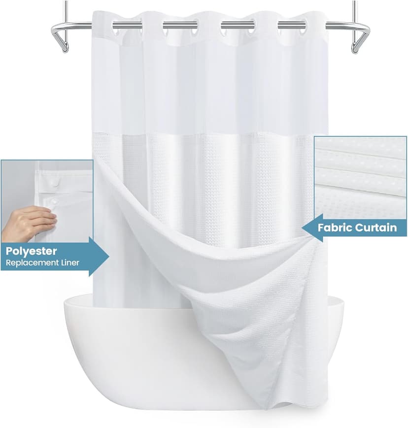 White No Hook Shower Curtain with Snap in Liner,230GSM Waffle Weave Shower Curtains for Bathroom,71W x 74H
