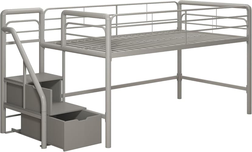DHP Junior Twin Metal Loft Bed with Storage Steps, Multifunctional Space-Saving Solution - Silver with Gray Steps