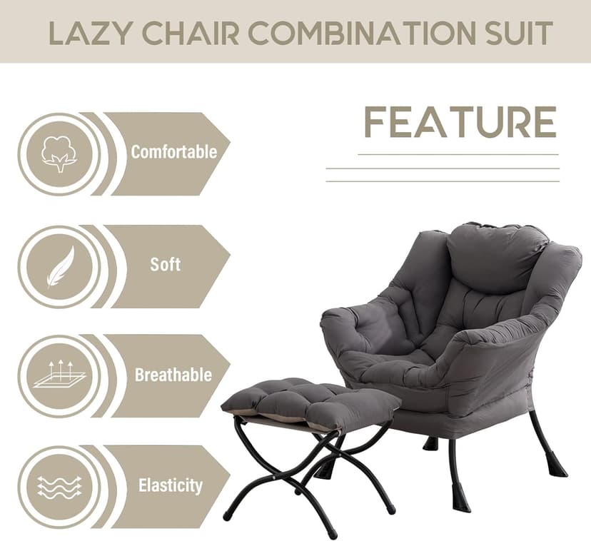LITA Lazy Chair with Ottoman, Modern Accent Leisure Upholstered Lazy Sofa Armchair, Contemporary Lounge Reading Chair with Armrests and a Side Pocket for Living Room, Bedroom & Small Space, Dark Grey