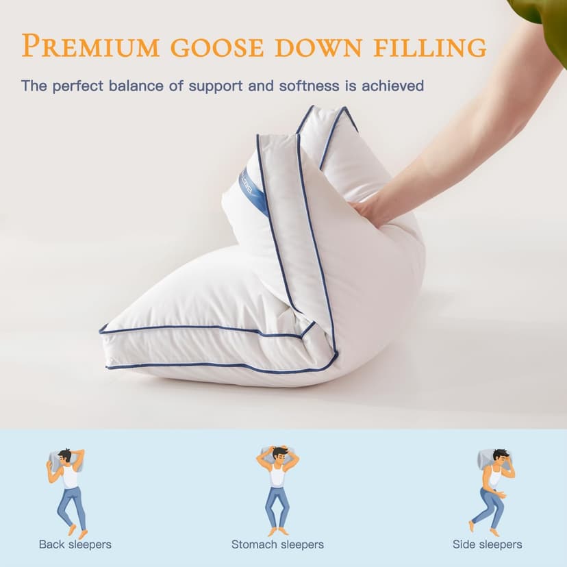 BedTreat Goose Down Pillows Queen Size Set of 2,Hotel Feather Pillows with Organic Cotton Cover,Medium Firm Bed Pillows for Side,Stomach and Back Sleepers,Luxury,Breathable(20X28)
