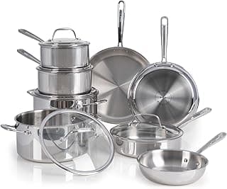 T-Fal Pro Tri-Ply Stainless Steel Cookware Set 13 Piece, Induction Compatible Oven Safe 500F, Lids 350F, Fast & Even Heat, Professional Quality & Durability, Pots and Pans Set, Dishwasher Safe, Silver