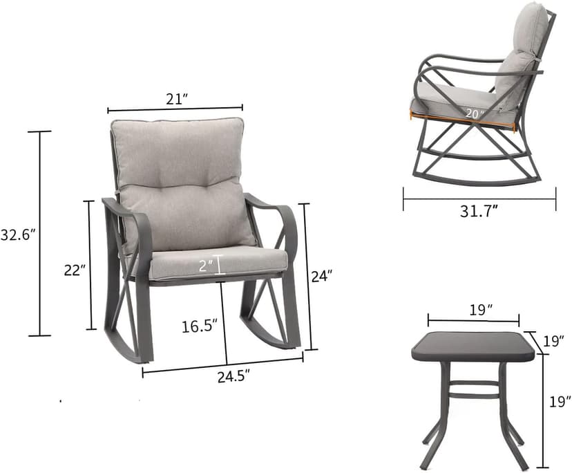 COSIEST 3 Piece Bistro Set Patio Rocking Chairs Outdoor Furniture w Warm Gray Cushions, Glass-Top Table for Garden, Pool, Backyard