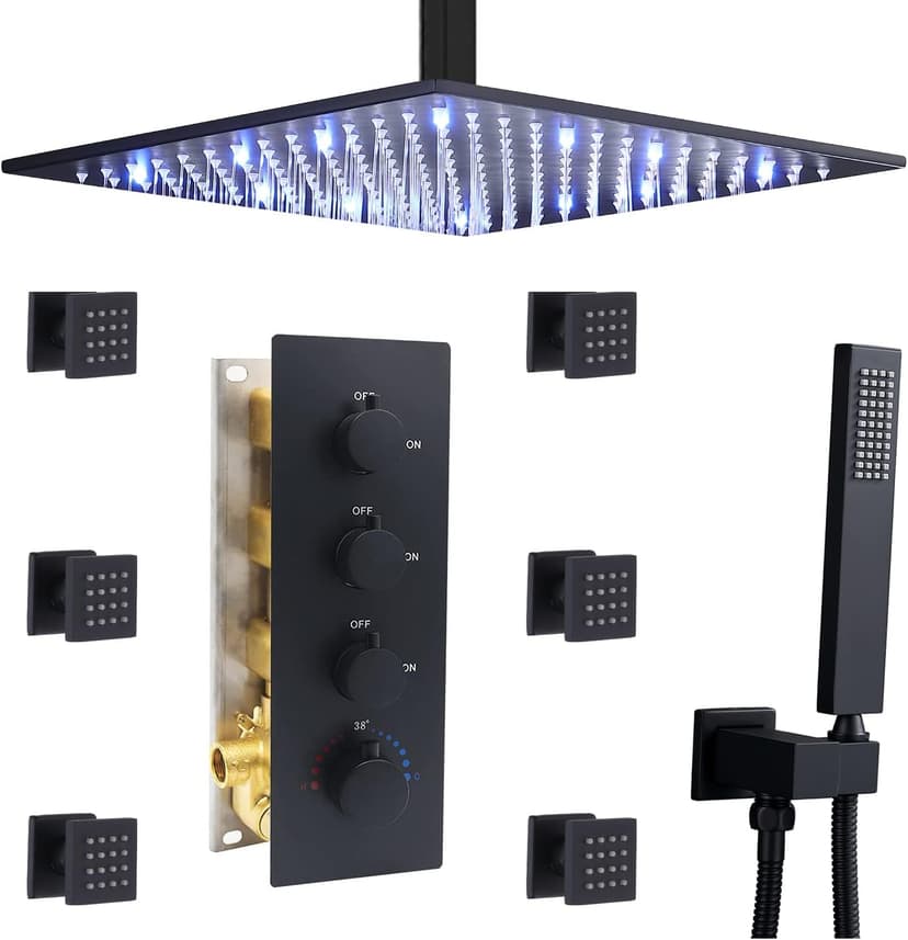 HOMEDEC 12inch Rain Shower System with Full Body Jets Sprays, Ceiling LED Brass Shower Faucet Set with 3 Functions Thermostatic Valve, Can Use All Function At Once