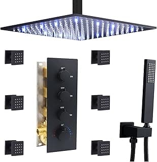 HOMEDEC 12inch Rain Shower System with Full Body Jets Sprays, Ceiling LED Brass Shower Faucet Set with 3 Functions Thermostatic Valve, Can Use All Function At Once