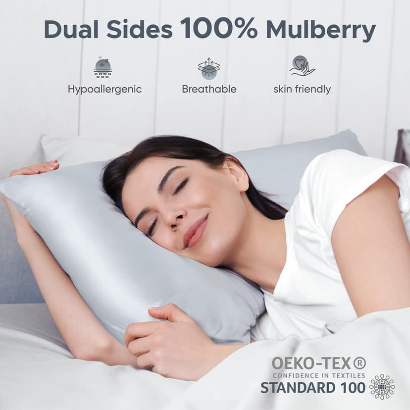 100% Pure Mulberry Silk Pillowcase for Hair and Skin - Allergen Resistant Dual Sides,600 Thread Count Silk Bed Pillow Cases with Hidden Zipper,2pc,Standard Size,Gray