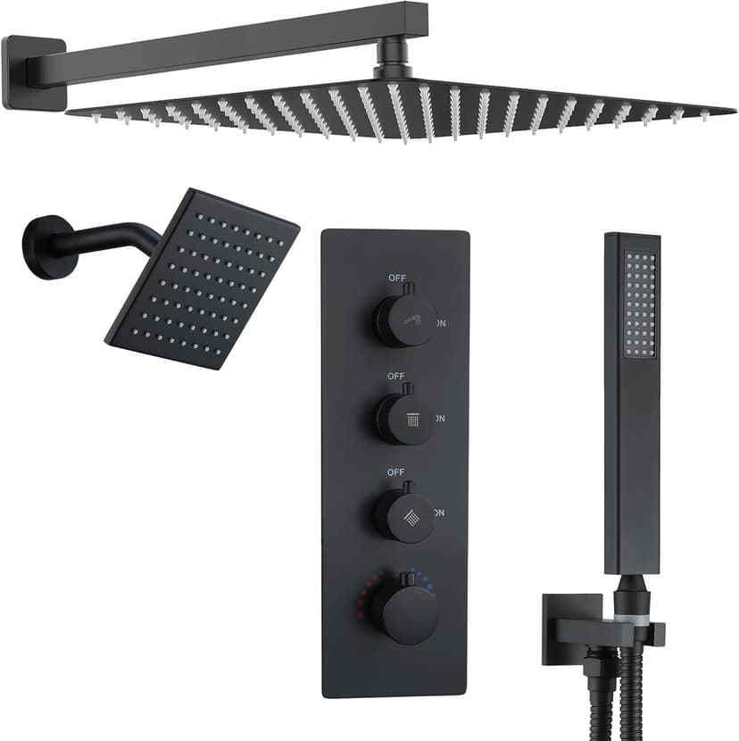 16" Thermostatic Dual Rainfall Head Shower System with Handheld & Valve, 16-Inch Shower Faucet Set with 6-Inch Shower Head, JetsBath Matte Black Full Body Shower System for Couples/2-Person