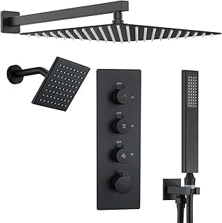 16" Thermostatic Dual Rainfall Head Shower System with Handheld & Valve, 16-Inch Shower Faucet Set with 6-Inch Shower Head, JetsBath Matte Black Full Body Shower System for Couples/2-Person