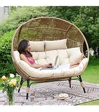 NICESOUL Wicker Egg Chair with Ottoman, Indoor Outdoor Egg Basket Lounge Chair w/Cushion, Oversized Egg Seat with Legs 440 Lbs, Comfy Cozy Boho Style Nest Chair w/Footrest for Patio, Balcony, Beige