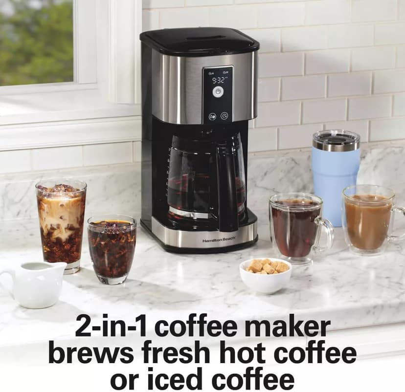 Hamilton-Beach 12-Cup Programmable Hot & Iced Coffee Maker, 950W Electric Drip Machine with Dishwasher-Safe Parts, 24-Hour Delay Brew, Touch-Activated Display for Regular Bold Iced Coffee Auto-Off.