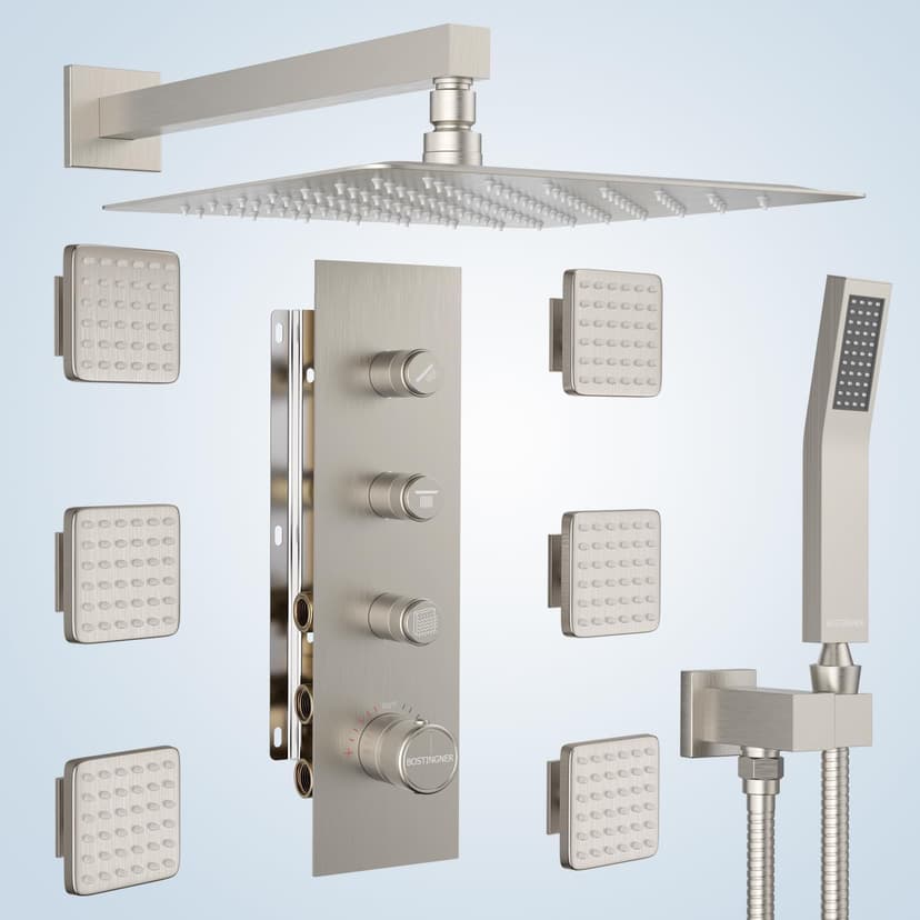 Shower Jets System, 12 Inch Thermostatic Rainfall Shower System with 6 Body Spray Jets (Can All Run Together) Full Body Spray Shower System, Shower Valve Included, Brushed Nicke