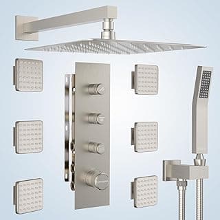 Shower Jets System, 12 Inch Thermostatic Rainfall Shower System with 6 Body Spray Jets (Can All Run Together) Full Body Spray Shower System, Shower Valve Included, Brushed Nicke