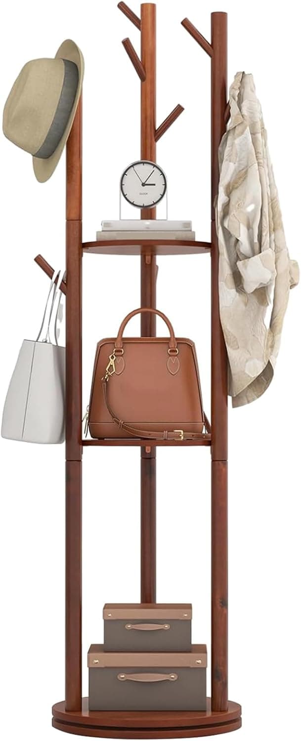 Rotary Coat Rack, Wooden Coat Rack Freestanding with 3 Shelves and 9 Hooks, Coat Tree, Sturdy and Easy Assembly Coat Rack Stand for Entryway,Hallway,Bedroom,Coats,Bags,Hats
