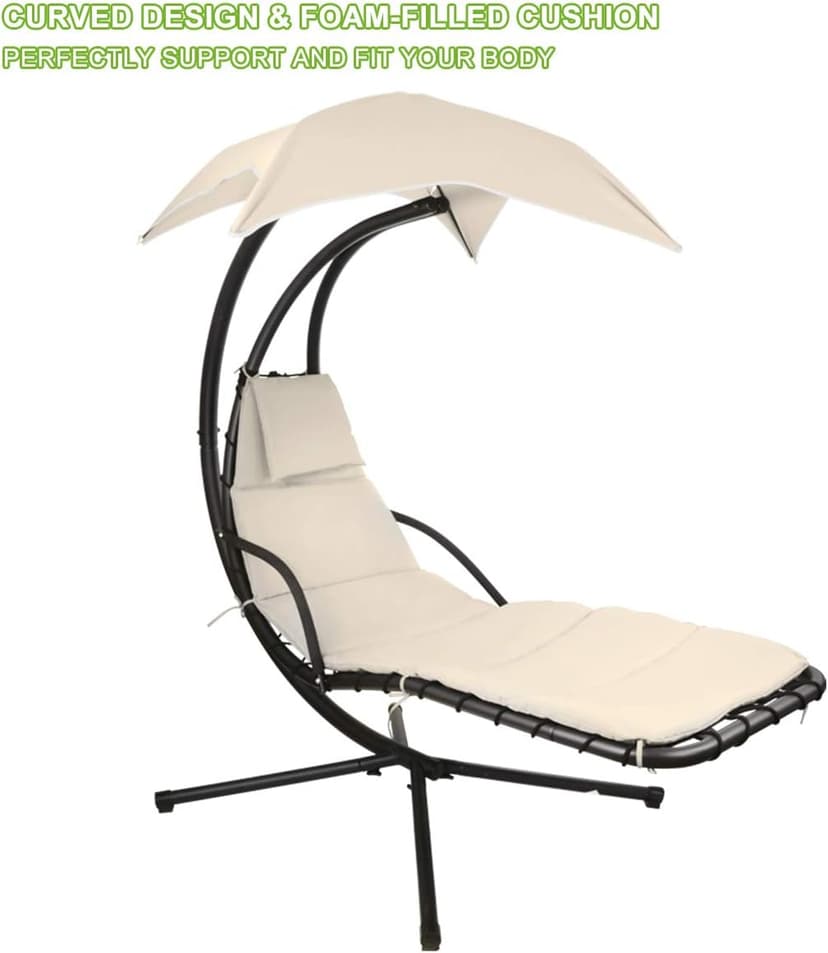 Patio Hanging Chaise Outdoor Lounger Padded Cushion Swing Hammock Chair w/Sun Shade Canopy Umbrella Stand [Beige]