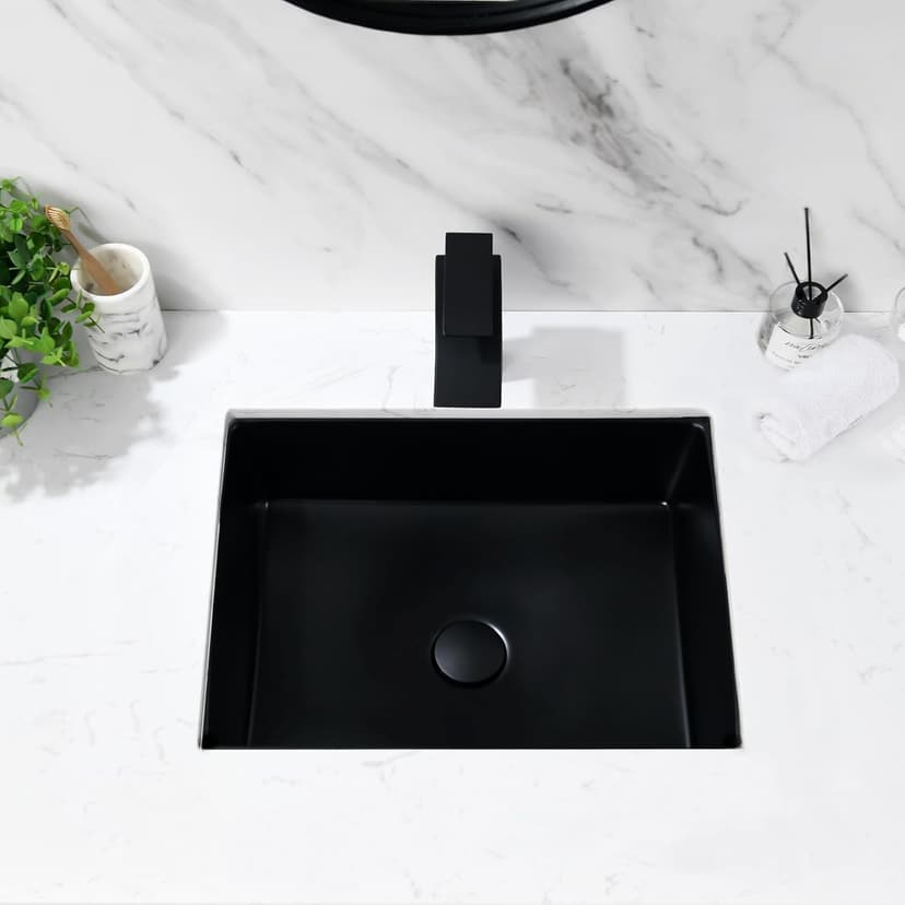 Undermount Bathroom Sink Rectangle, 20"x15" Black Bathroom Vessel Sink Porcelain Ceramic Modern Art Lavatory Vanity Under Counter Basin with Overflow