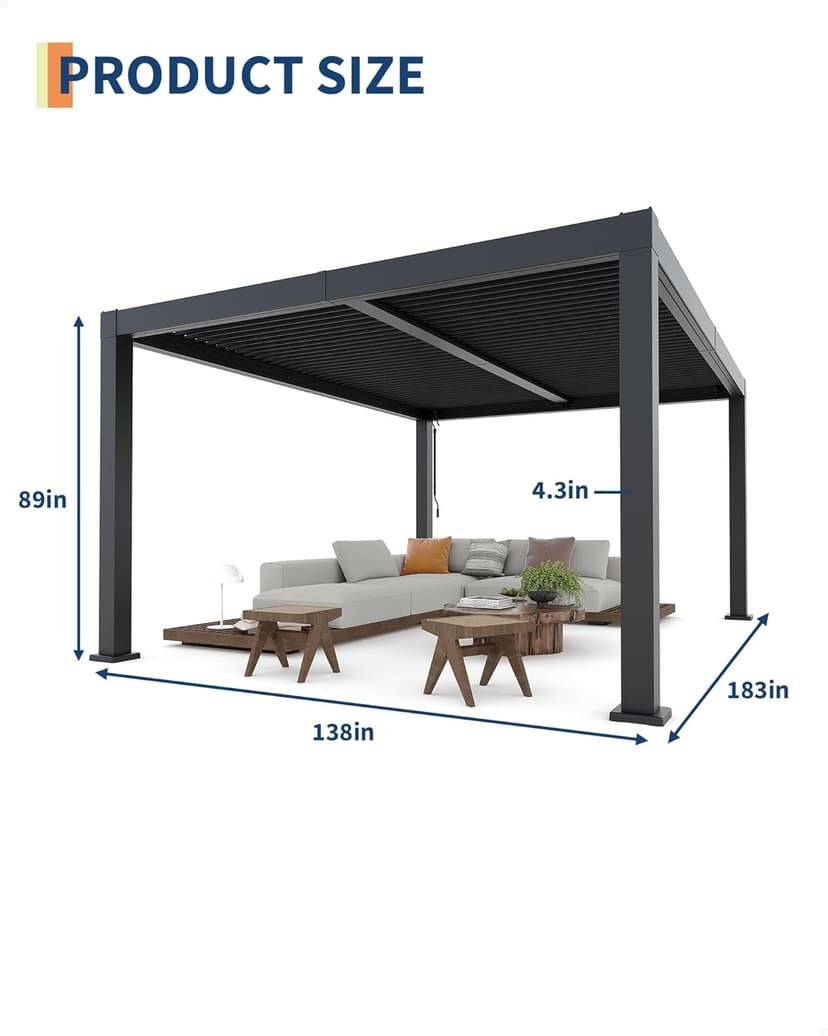 All-Aluminum Louvered Pergola 12' x 16', Outdoor Pergola with Adjustable Louvered Roof, Reinforced Aluminum Frame, Integrated Drainage System, Hardtop Gazebo for Patio, Deck, Gray