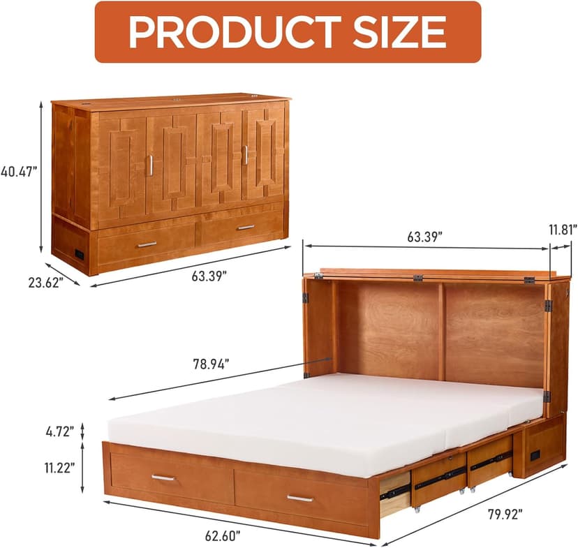Queen Murphy Bed with Tri-Folding Mattress, Space-Saving Queen Size Wall Bed Built-in Charging Station, Foldable Murphy Bed Cabinet with 2 Storage Drawers for Bedroom, Guest Room, Cherry