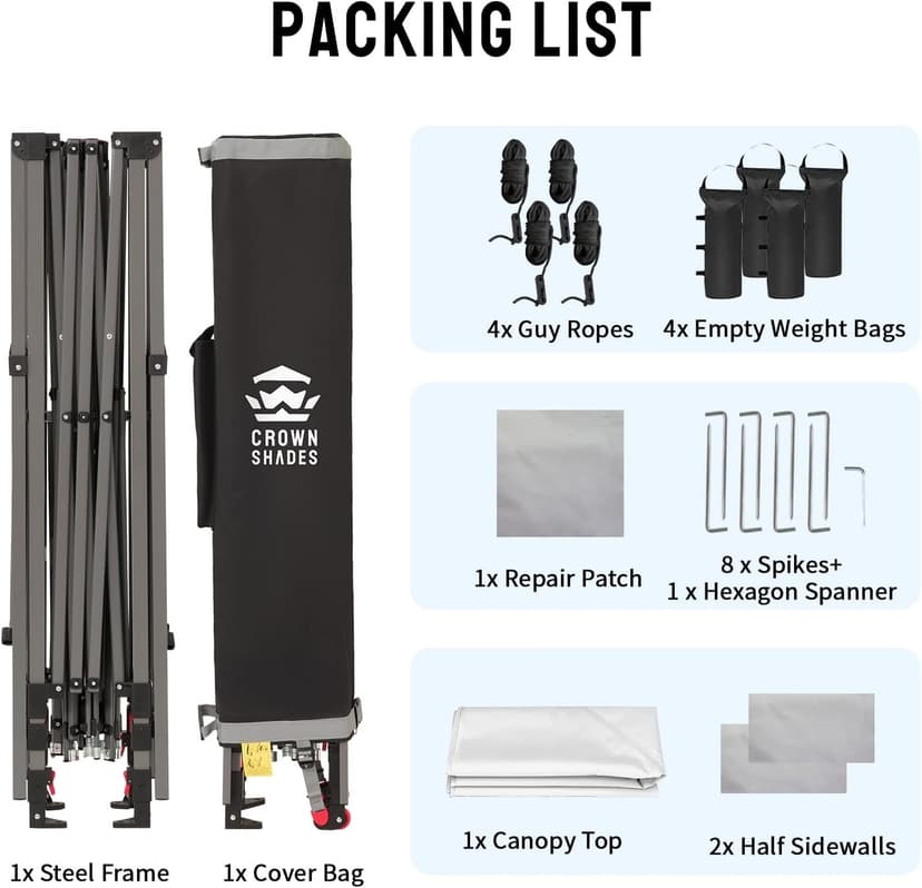 CROWN SHADES 10x10 Pop up Canopy Tent Instant Canopy with 150D Silver Coated Fabric Including 2 Half Sidewalls, 4 Ropes, 8 Stakes, 4 Weight Bags, STO 'N Go Bag, White
