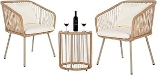 FDW 3-Piece Outdoor Furniture Modern Patio Bistro Set Rattan Conversation Set Wicker Patio Furniture Set with 2 Chairs Coffee Table Cushions Lumbar Pillows for Patio Outdoor Backyard Porch, White