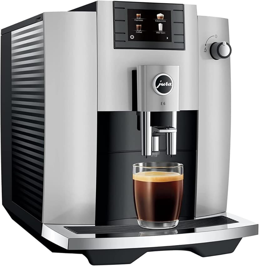 Jura E6 Automatic, Affordable Espresso Machine with Programmable Coffee Strength (Platinum) Bundle with Smart Filter Cartridge, Cleaning Tablets, Coffee Beans Bag, and Glass Milk Container (5 Items)