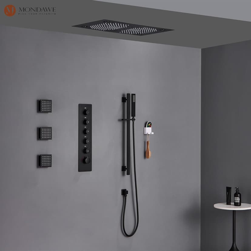 MONDAWE 28 Inch Flush-Mounted Thermostatic Shower System in Matte Black, 64 Colors LED and Bluetooth Control Music Rainfall Shower Head, Handheld Spray and Body Jets, High Pressure Shower Faucet Set