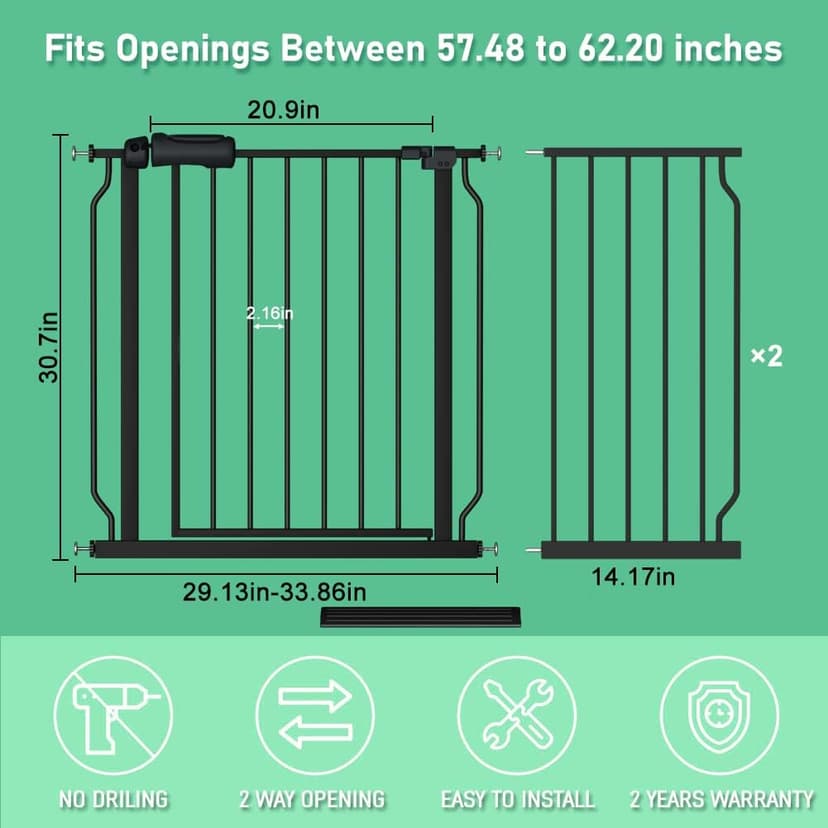 ALLAIBB Extra Wide Pressure Mounted Baby Gate Walk Through Child Kids Safety Toddler Tension White Long Large Pet Dog Gates with Extension for doorways Kitchen (57.48-62.20"/146-158cm, Black)